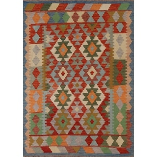 Hand-woven Orange & Rust Geometric Kilim Oriental Area Rug - 4'9''x 6'4 ...