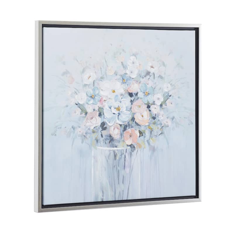 Canvas Floral Bouquet Living Room Framed Wall Art with Silver Frame - Blue - Roche River Decor