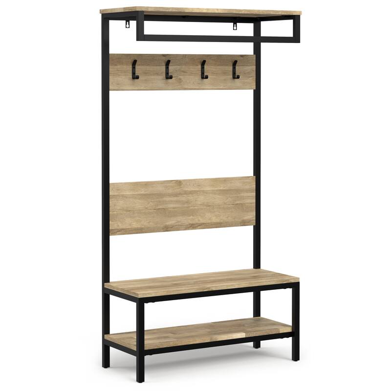 WYNDENHALL Hooper SOLID MANGO WOOD 40 inch Wide Industrial Entryway Hall Tree Bench in Natural - 16" D x 40" W x 75" H