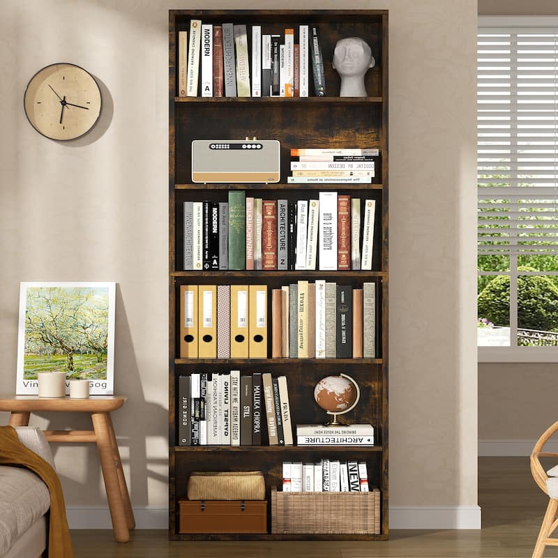 6-Tier Wooden Bookshelf - Rustic Storage Shelf for Living Room, Office & Bedroom , Easy Assembly