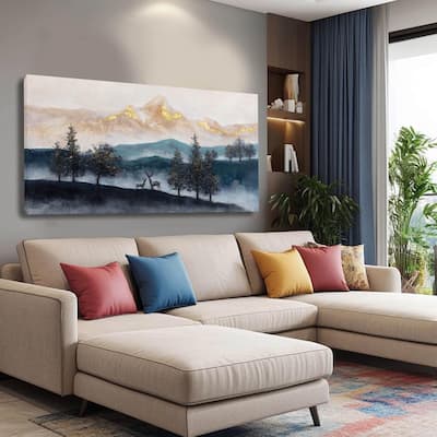 Mountain Canvas Wall Art Gold and Blue Painting Pictures Animals