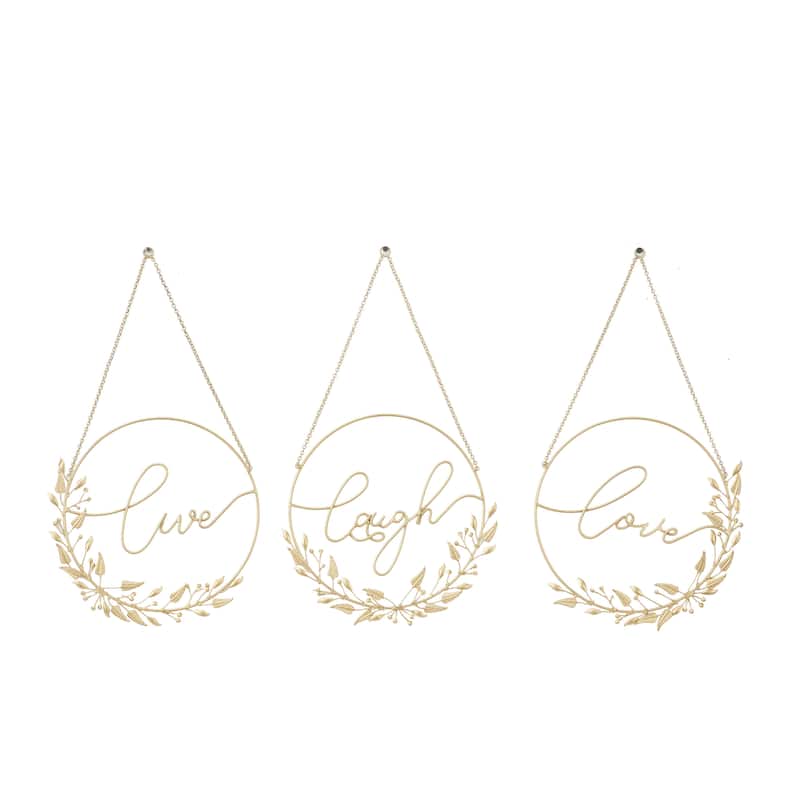 Metal Love, Laugh, Live Decorative Sign with Chain Hanger - Set of 3 Gold - Roche River Decor - Gold