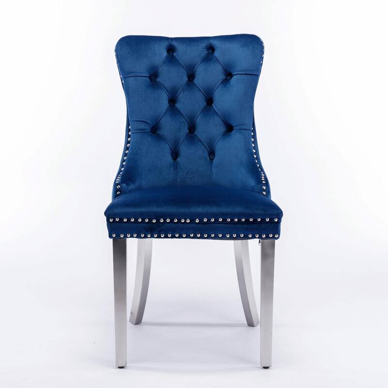 Tufted Velvet Dining Chairs - Solid Wood - Golden Stainless Steel Legs - Nailhead Trim - Set of 2
