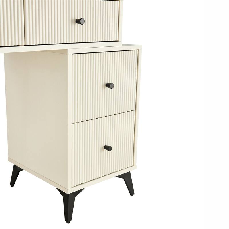 Fluted Makeup Vanity Desk with Round LED Mirror,4 Drawers - Milk White