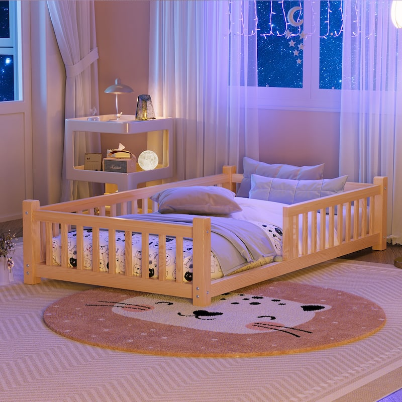 Twin Size Low House Tent Bed with Removable Roof Convertible Floor Bed with Fence, No Door for Kids Boys Girls