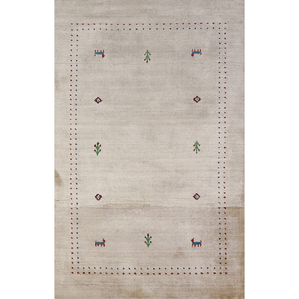 Hand Knotted Oriental 100% Wool Carpet Tribal Animal Pictorial Beige & Ivories Gabbeh Area Rug - 4' 10'' X 3' 0''