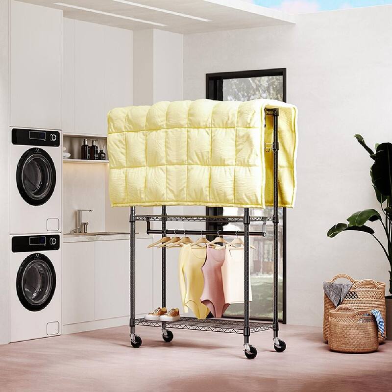 Heavy Duty Rolling Garment Rack with Wheels, 3-Tier Adjustable Wire Shelving, Clothes Rack with 2 Rods & Side Hooks