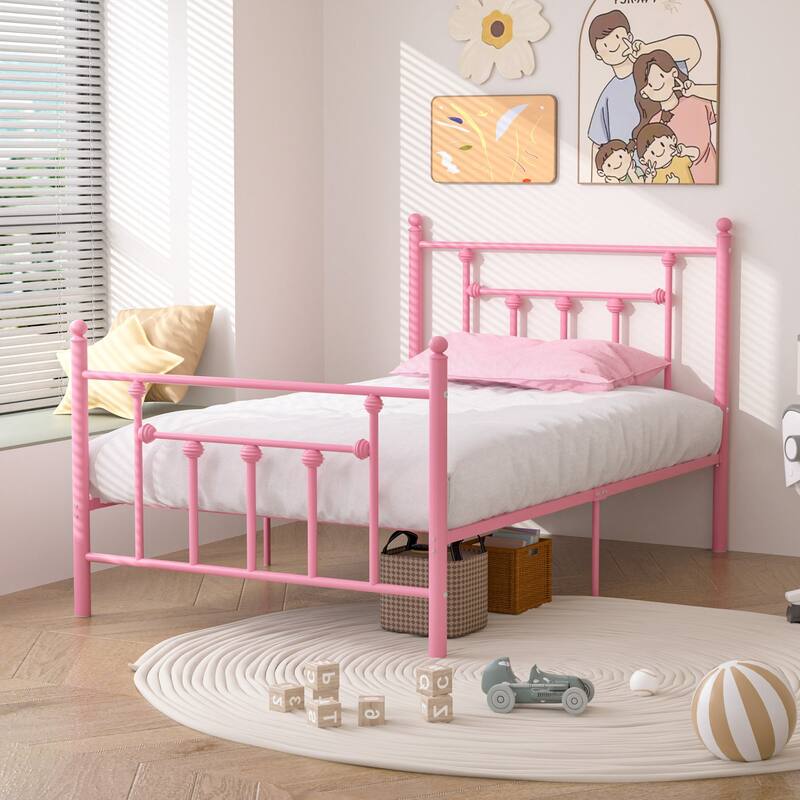14 Inch Metal Victorian Platform Bed Frame with Headboard and Footboard, Heavy Duty Mattress Foundation with Steel Slats Support