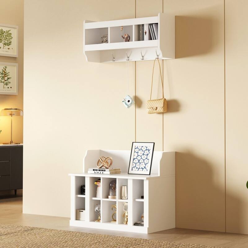 Entryway Wood Storage Bench with Shoe Storage,Wall Mounted Hall Tree with Coat Rack and Shelves
