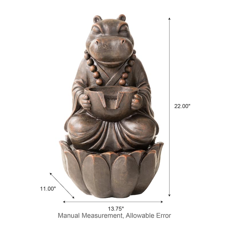 Glitzhome 21.75"H 2-Tiered Lighted Zen Style Frog Elephant Hippo Polyresin Outdoor Fountains