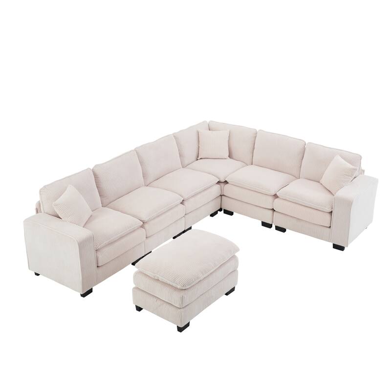 Modular Sectional Sofa for Living Room, U Shaped Sofa Couch with Ottoman and Three Toss Pillows, Corduroy Fabric Sofa Set
