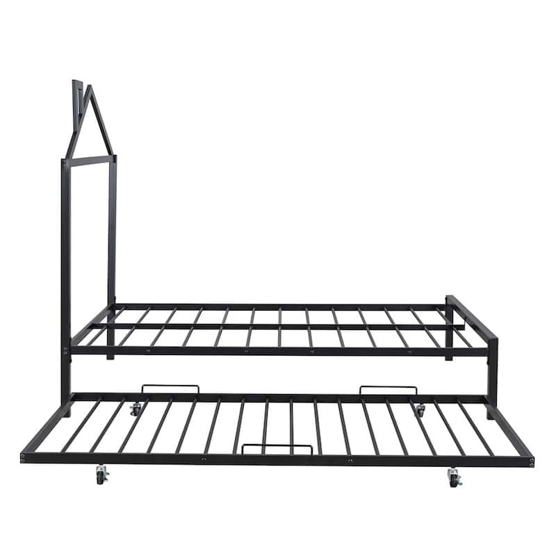Full Size House Shaped Metal Platform Bed with Trundle