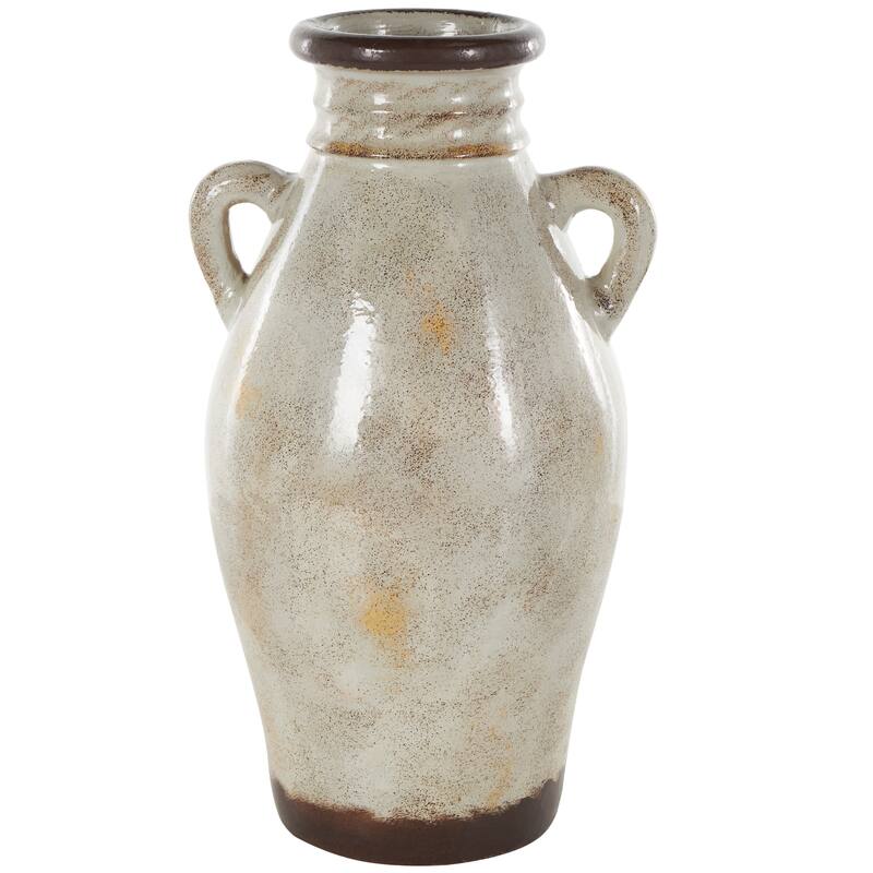 Cream Ceramic Antique Amphora Decorative Vase with Speckled Texturing and Yellow and Brown Accents