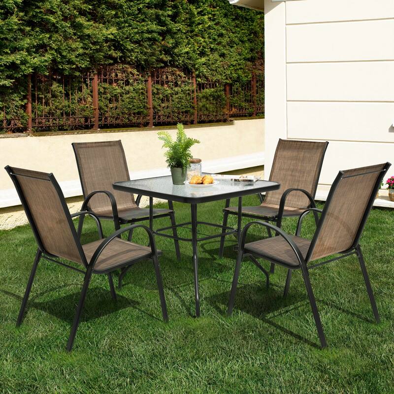 Square Metal Outdoor Dining Table with Umbrella Hole and Tempered Glass Tabletop, Black