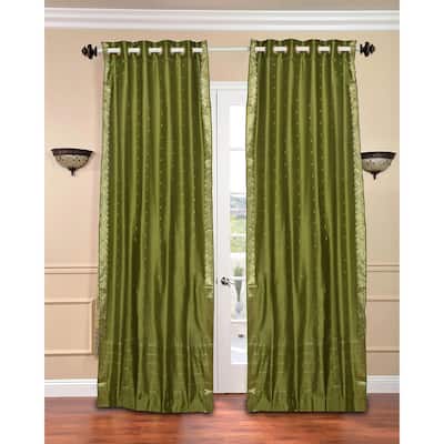 Olive Green Ring Top Sheer Sari Curtain / Drape / Panel - Piece