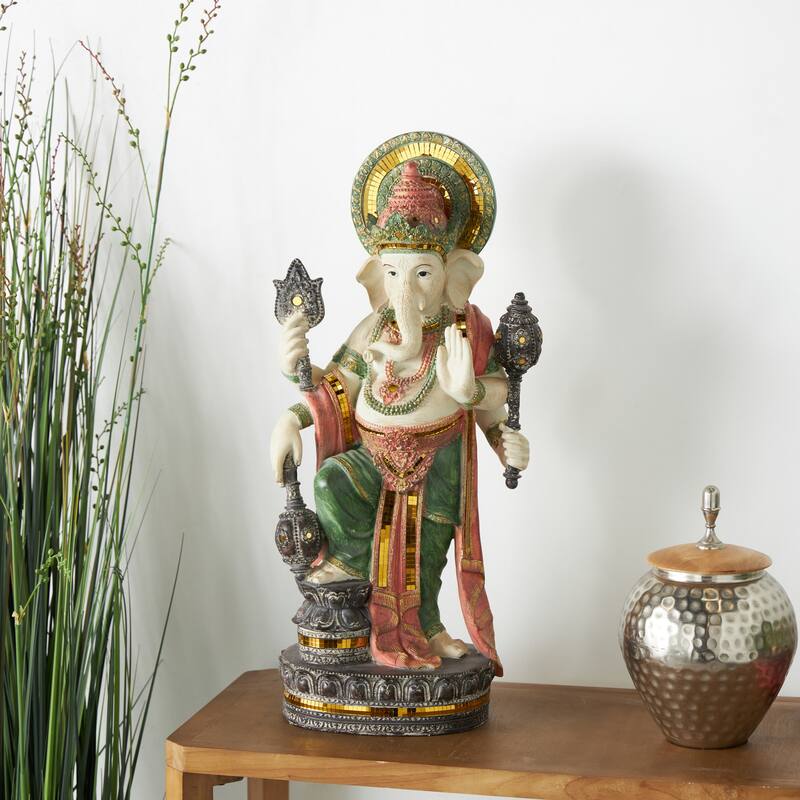 Resin Ganesh Sculpture with Green, Blue, and Red Accents - Gold - Roche River Decor - 6"W x 12"L x 27"H