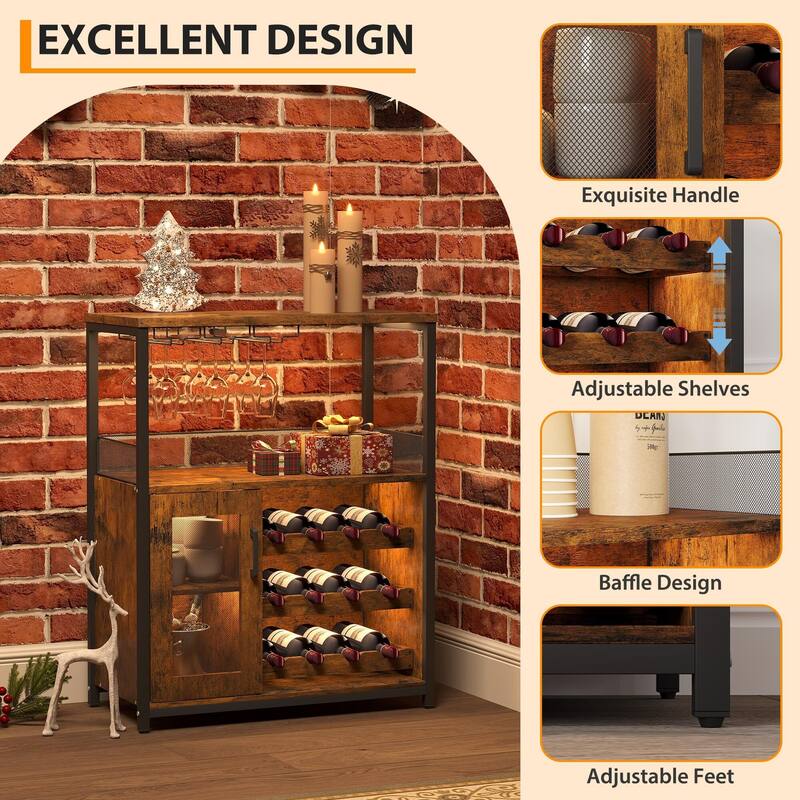 3-Tier Wine Bar Cabinet with Storage, Wine Rack & Glass Holder, Small Liquor Cabinet for Home, Black Corner Storage with Shelves