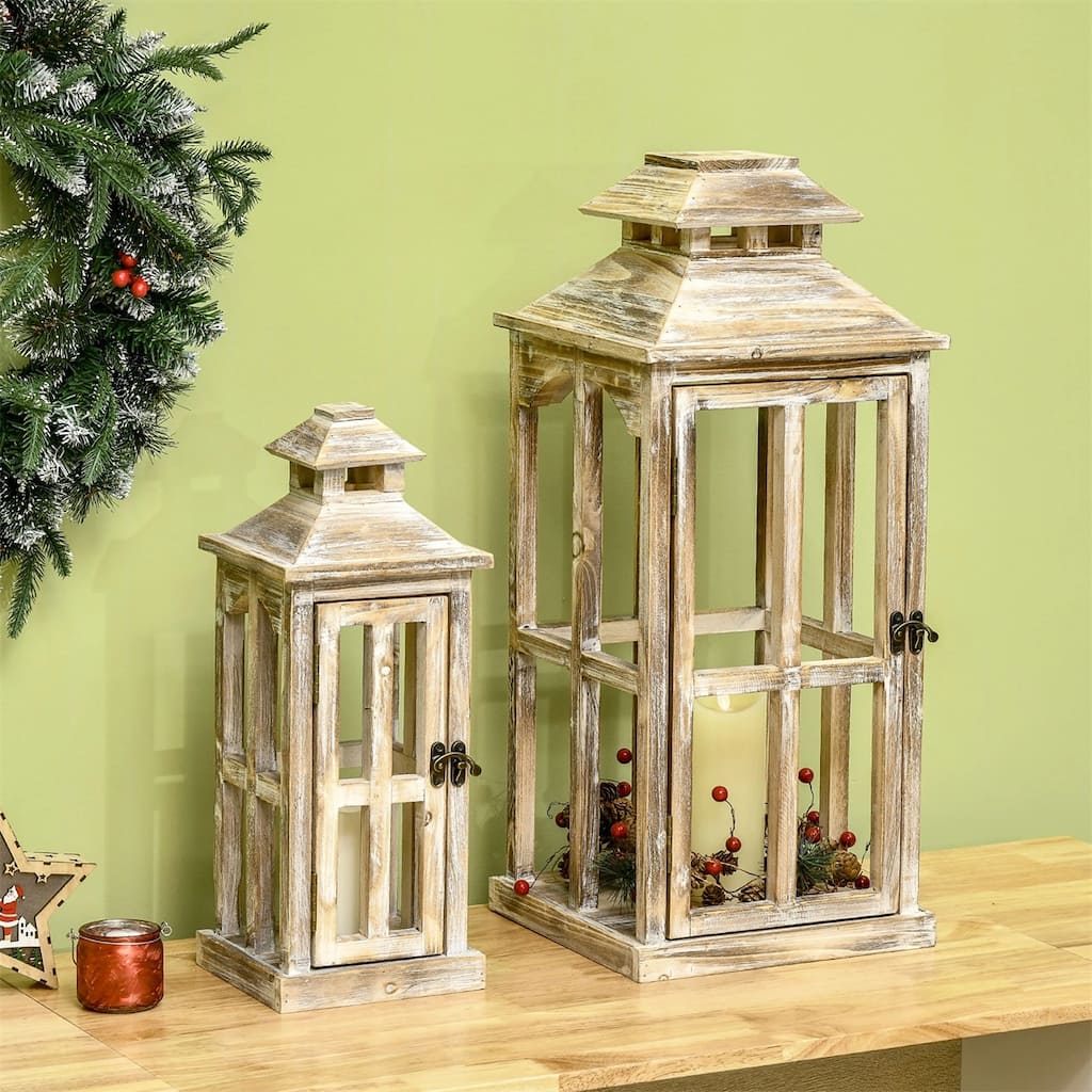 2-Piece Wooden Lantern Set Rustic Home Decor Candle Holders - 11.75" L x 11.75" W x 27.5" H