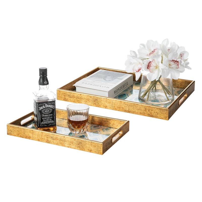 Glitzhome Set of 2 Rectangle Wooden & Plastic Decorative Trays with Handles