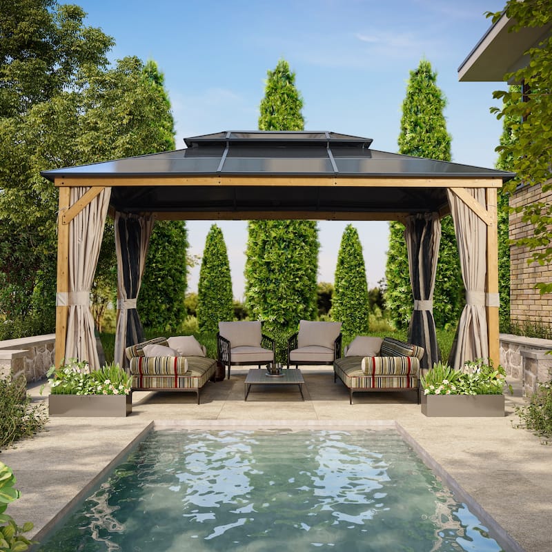 EROMMY Hardtop Gazebo,Outdoor Pergola with Double Roof & Netting & Curtains,Heavy Duty Canopy for Patio, Backyard, Pool party