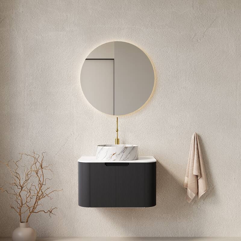 Vanity With Sink, Wall-Mounted Floating Curved Edges Striped Bathroom Storage Cabinet With Drawer,Round Ceramic Basin - White+Black