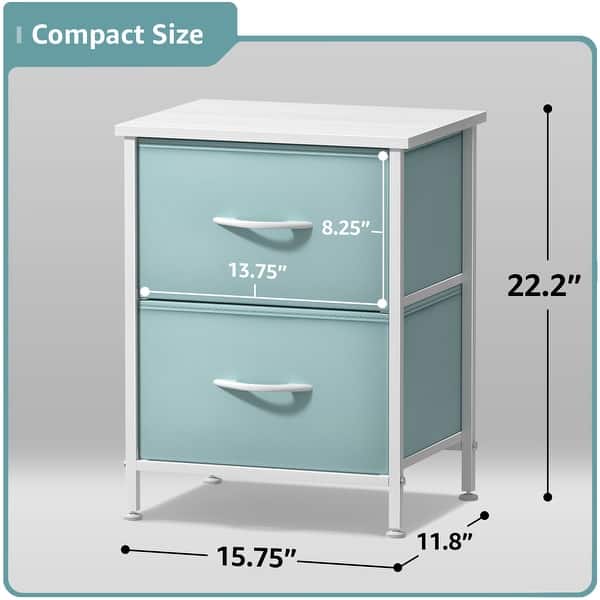 dimension image slide 2 of 7, Sorbus Nightstand with 2 Drawers - Steel Frame, Wood Top & Easy Pull Fabric Bins (2 Pack)