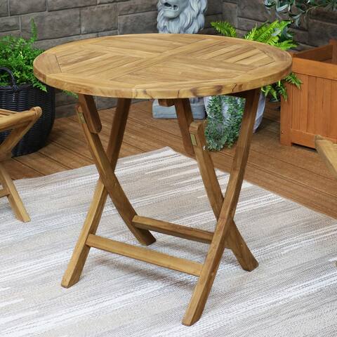 Folding Round Teak Outdoor Patio Table - 31-Inch Dining Table