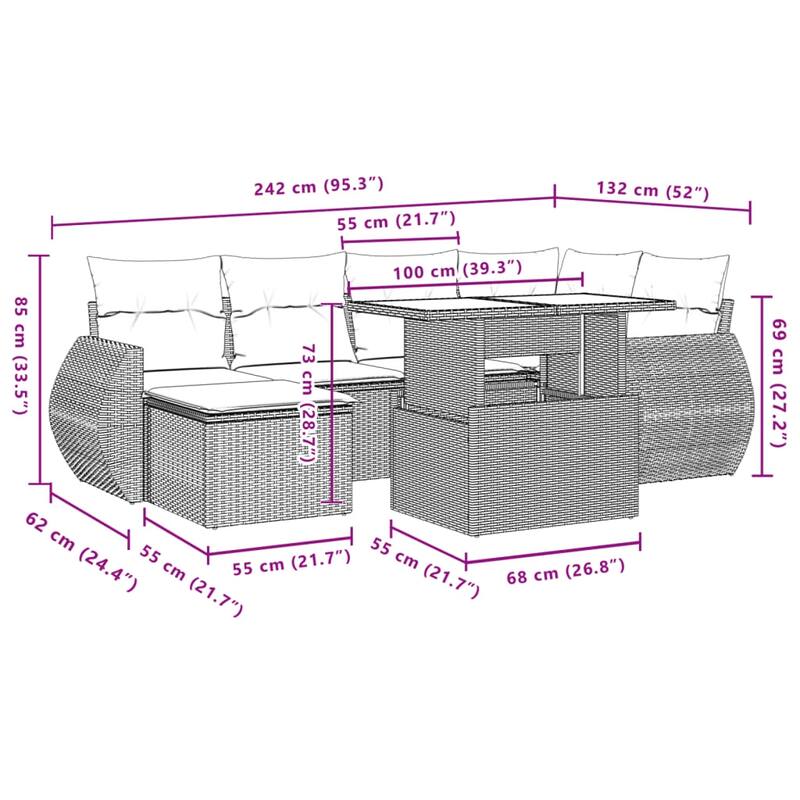 vidaXL Patio Sofa Set with Cushions Outdoor Furniture 7 Piece Poly Rattan