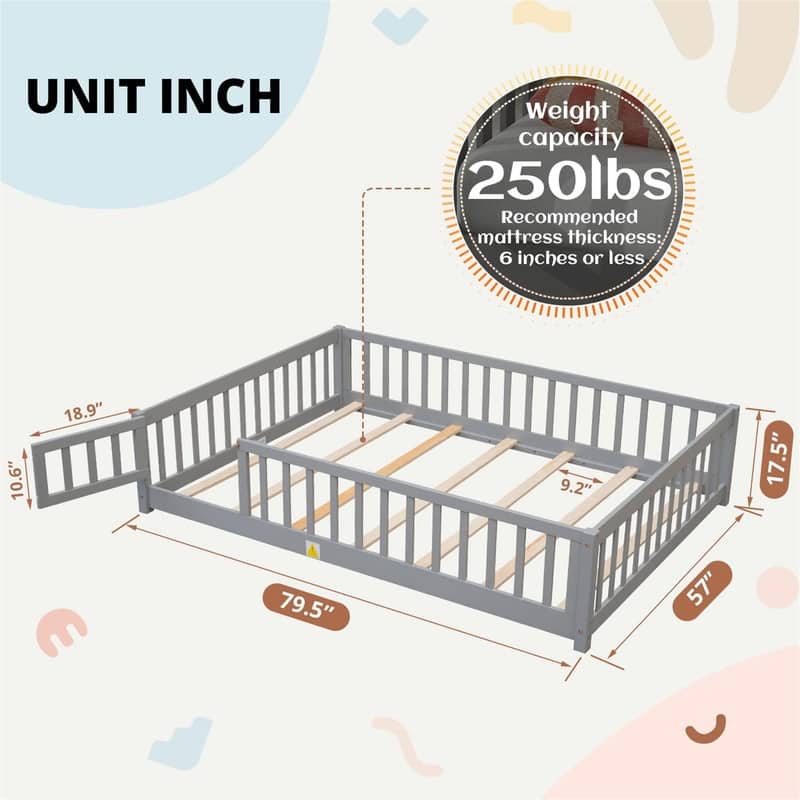 Full Size Floor Bed for Children, Sturdy Wood Montessori Bed Frame with Fence & Door