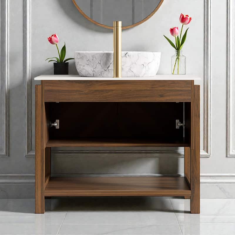 36" Freestanding Bathroom Vanity with Marble Pattern Ceramic Sink, Carrara White Sintered Stone Top & Woodgrain Storage Cabinet