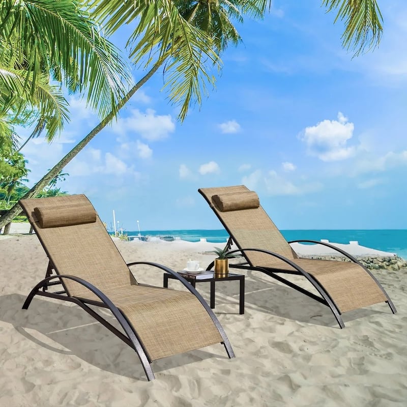 EROMMY 3-Pcs Adjustable Patio Recliner Chair, Includes two Recliners and a Table, Brown - 59.8'' * 22.8''