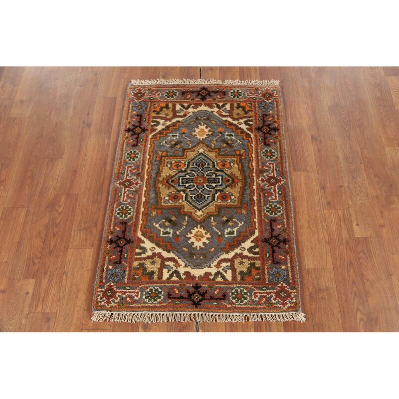 Gray Geometric Heriz-Serapi Indian Accent Rug Handmade Wool Carpet - 2'0"x 3'0"