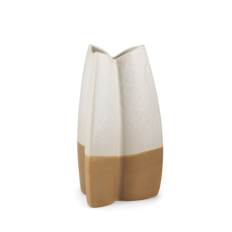 14" Cream And Beige Color Block Ceramic Table Vase - 7.28