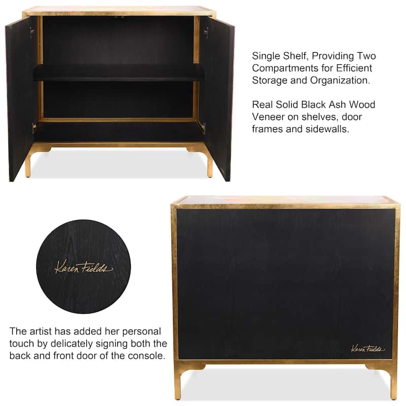 "Secret Garden Floral" Cabinet Console Table on Beveled Reverse Printed Art Glass with Iron Gold Leafed Frame