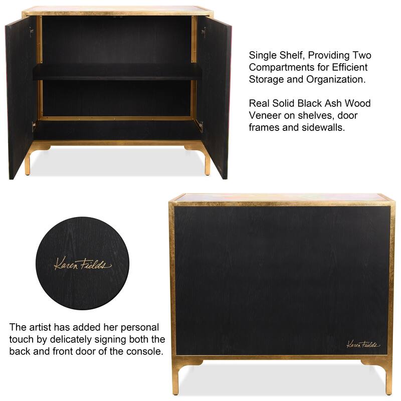 "Secret Garden Floral" Reverse Printed Beveled Art Glass Cabinet Console Table and Mirror Set