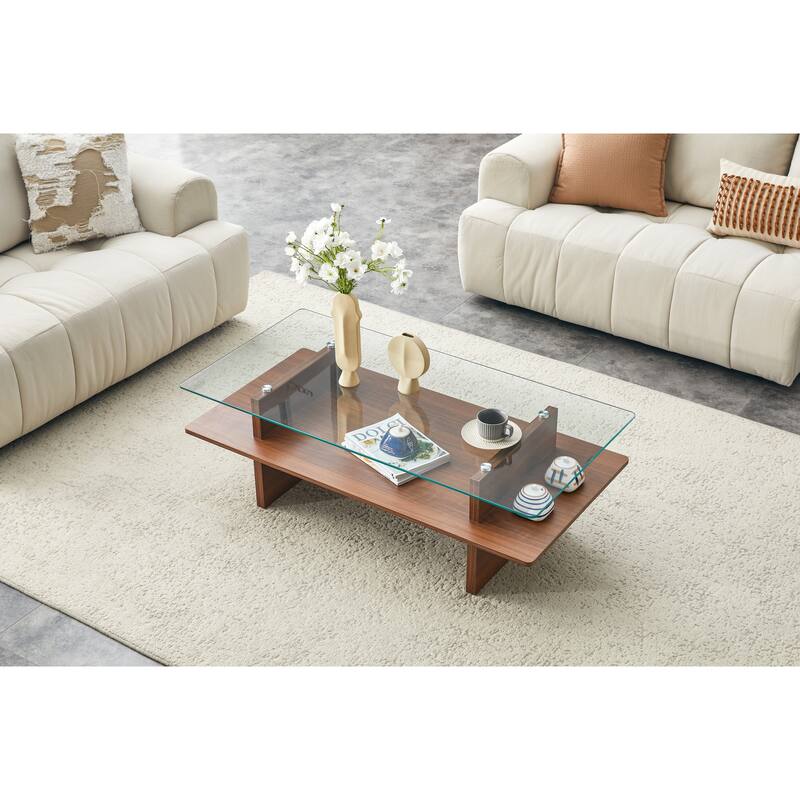 Modern Double-Tier Coffee Table with Tempered Glass Top & Walnut MDF Shelf - Contemporary Living Room/Office Accent Furniture