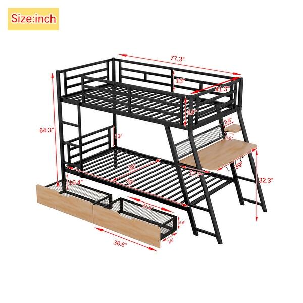 dimension image slide 0 of 2, Metal Bunk Bed with Built-in Desk, Light and 2 Drawers, Black