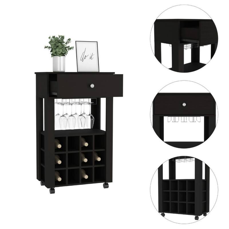Modern Bar Cart on Wheels With Wine Storage and Open Shelves - 23.62" x 13.98” x 39.37”