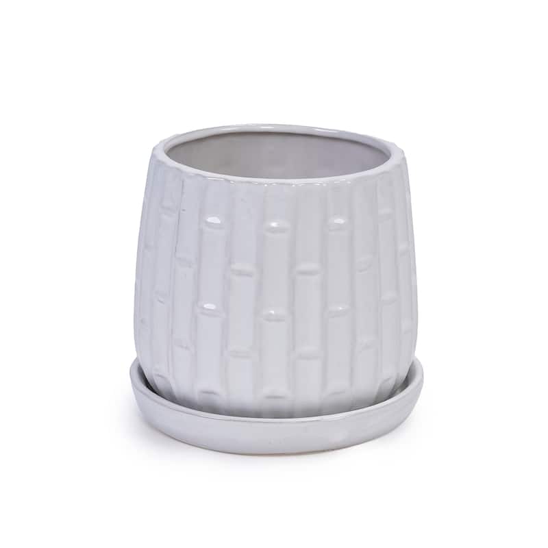 Set of 2 Handmade Ceramic Planters, Includes Saucers, Vertical Ribbed