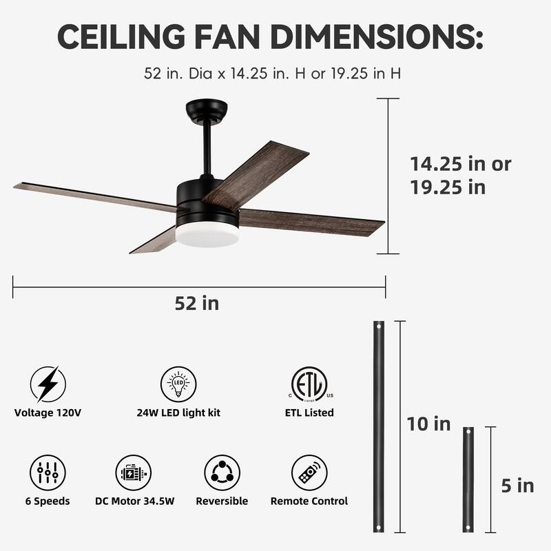 Matte Black 52 in. 6-Speed Integrated LED Indoor 4-Blade Ceiling Fan with Light Kit and Remote Control