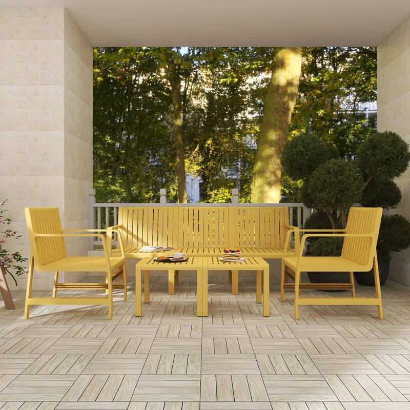 BNK Five-Piece Indoor/Outdoor PP Furniture Set, 3-Seater Sofa, 2 Chairs & 2 Coffee Tables, Easy Assembly Patio Conversation Set
