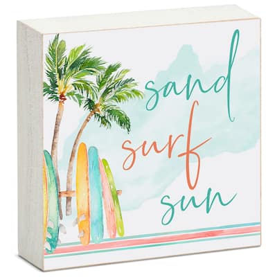 Wood Block Décor Message Sand Surf Sun Sign, 3.75 inches Square, Made in The USA - Multi-5