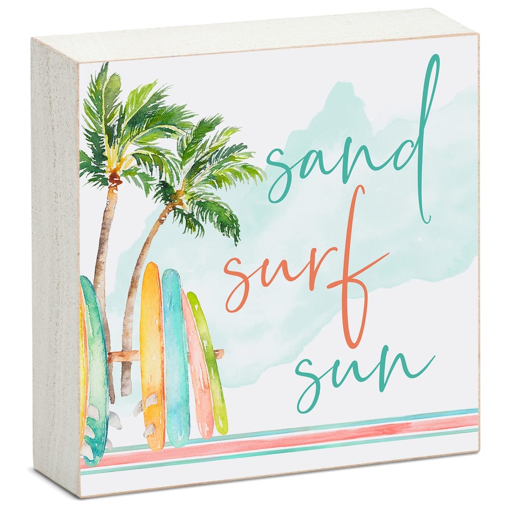 Wood Block Décor Message Sand Surf Sun Sign, 3.75 inches Square, Made in The USA - Multi-5