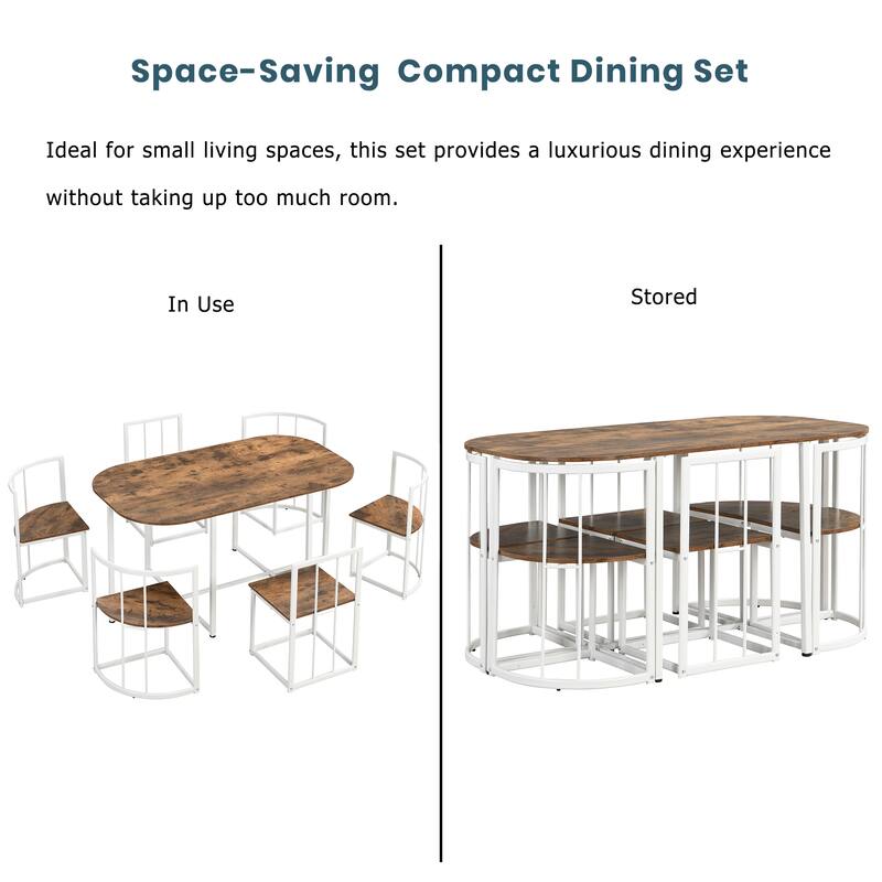 7-Piece Compact Dining Set for 6 with Faux Marble Table and Stylish Metal Frame Chairs, 55-Inch