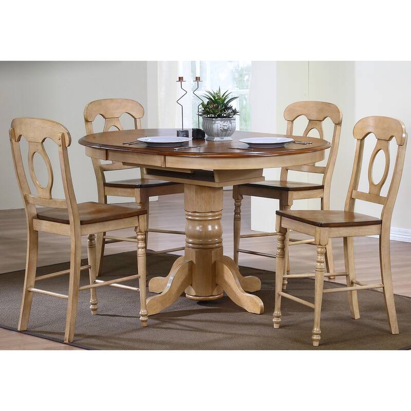 Extendable Dining Set - 5 Piece Table & Stool Set - 42" Round/60" Oval - Coastal Dining Room Furniture