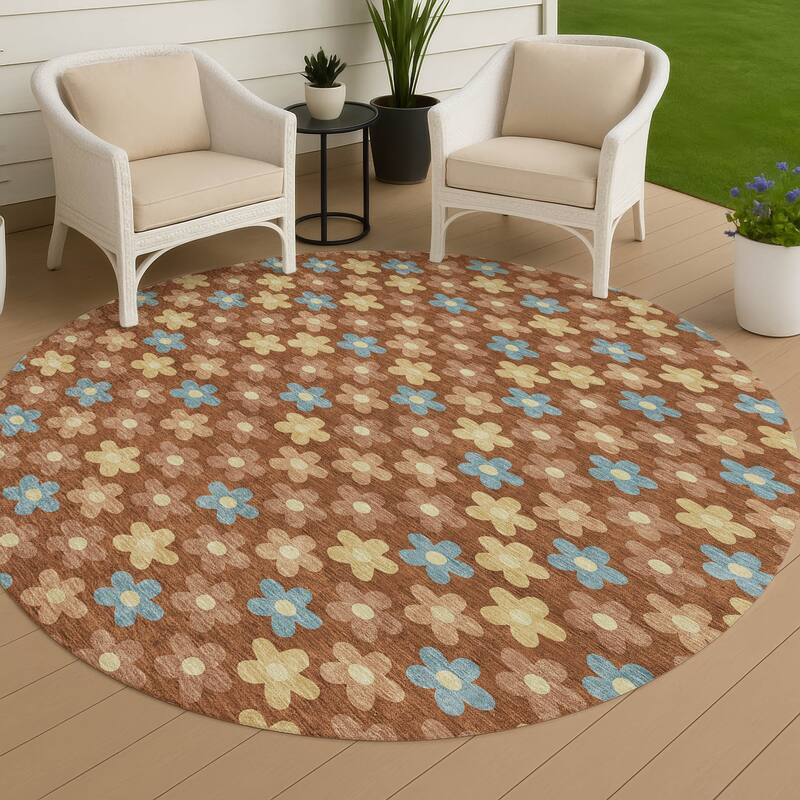 Machine Washable Indoor/ Outdoor Floral Kechi Chantille Rug - Paprika - 8' x 8'