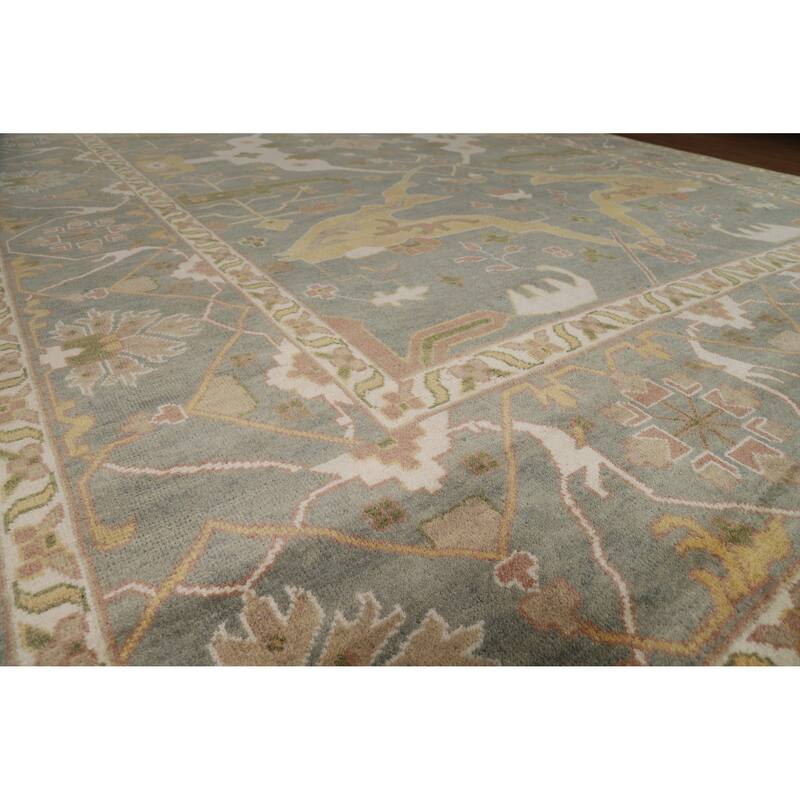 All-Over Gray Green Oushak Indian Large Rug Hand-Knotted Wool Carpet - 11'8" x 17'5"