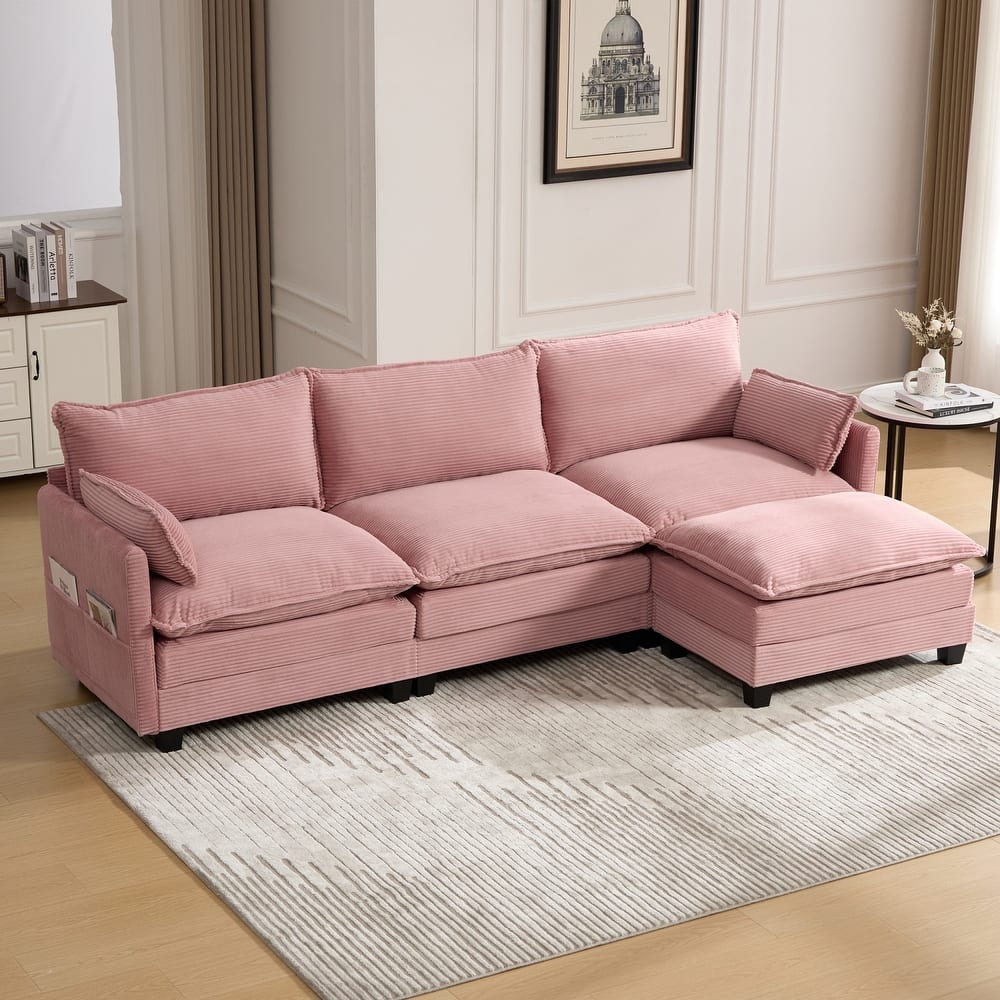 102.95" L-Shaped Corduroy Sectional Sofa with Movable Ottoman