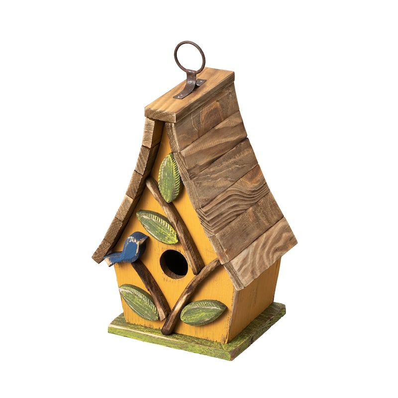 Glitzhome 12.5"H Distressed Solid Wood Birdhouse with 3D Leaves