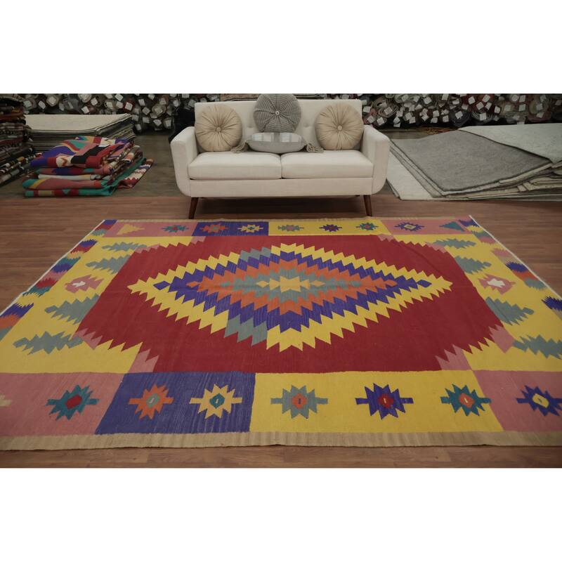 Hand Woven Oriental 100% Wool Carpet Southwestern Tribal Multi-Colored Kilim Area Rug - 9' 9'' X 7' 10''